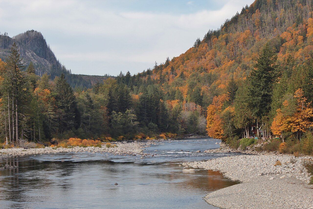 The North Fork Skykomish River near Index with autumn color on the hillside